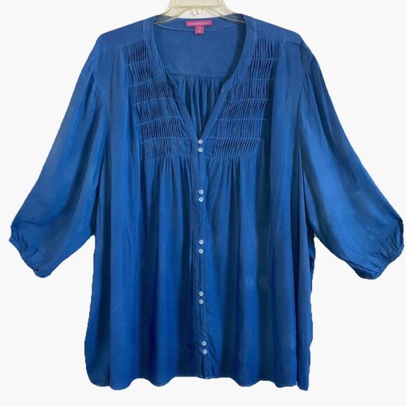 WOMAN WITHIN sz 4X Flowy Blue Tunic Top Blouse Breathable Bohemian PIntuck Pleat - Picture 1 of 5